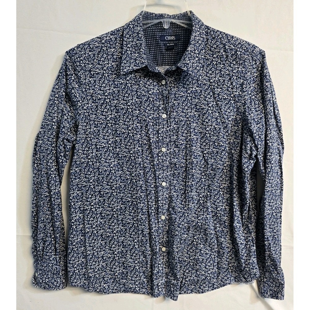 Chaps Shirt Top Button Up Down XXL No Iron Cotton Floral Blue Cottage Women